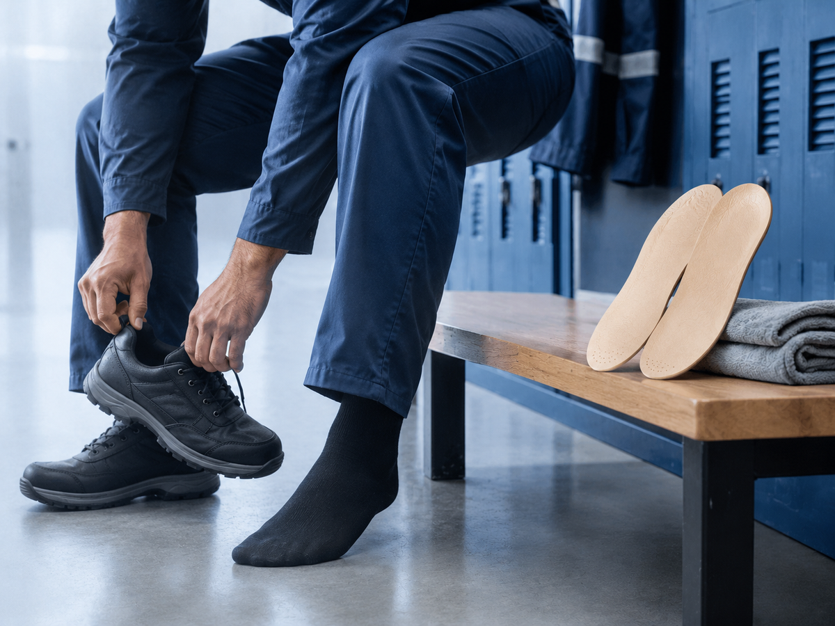 Work boots resting beside Handarte Soft leather insoles after a shift