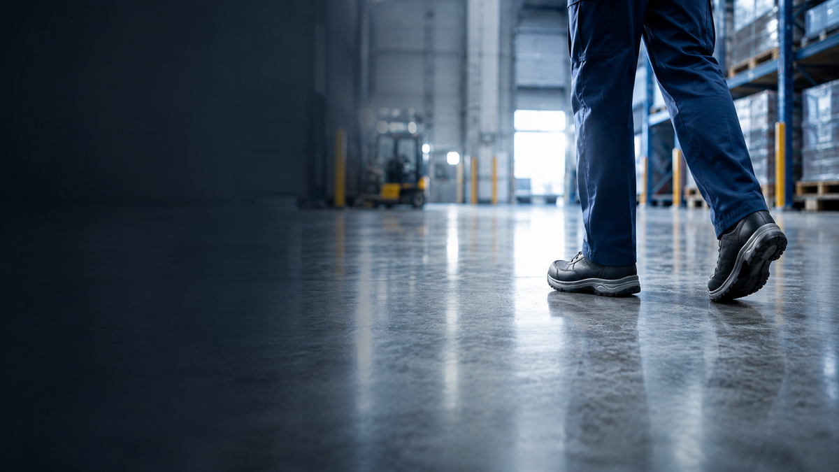 Worker leaving a hard-floor work environment at the end of the day